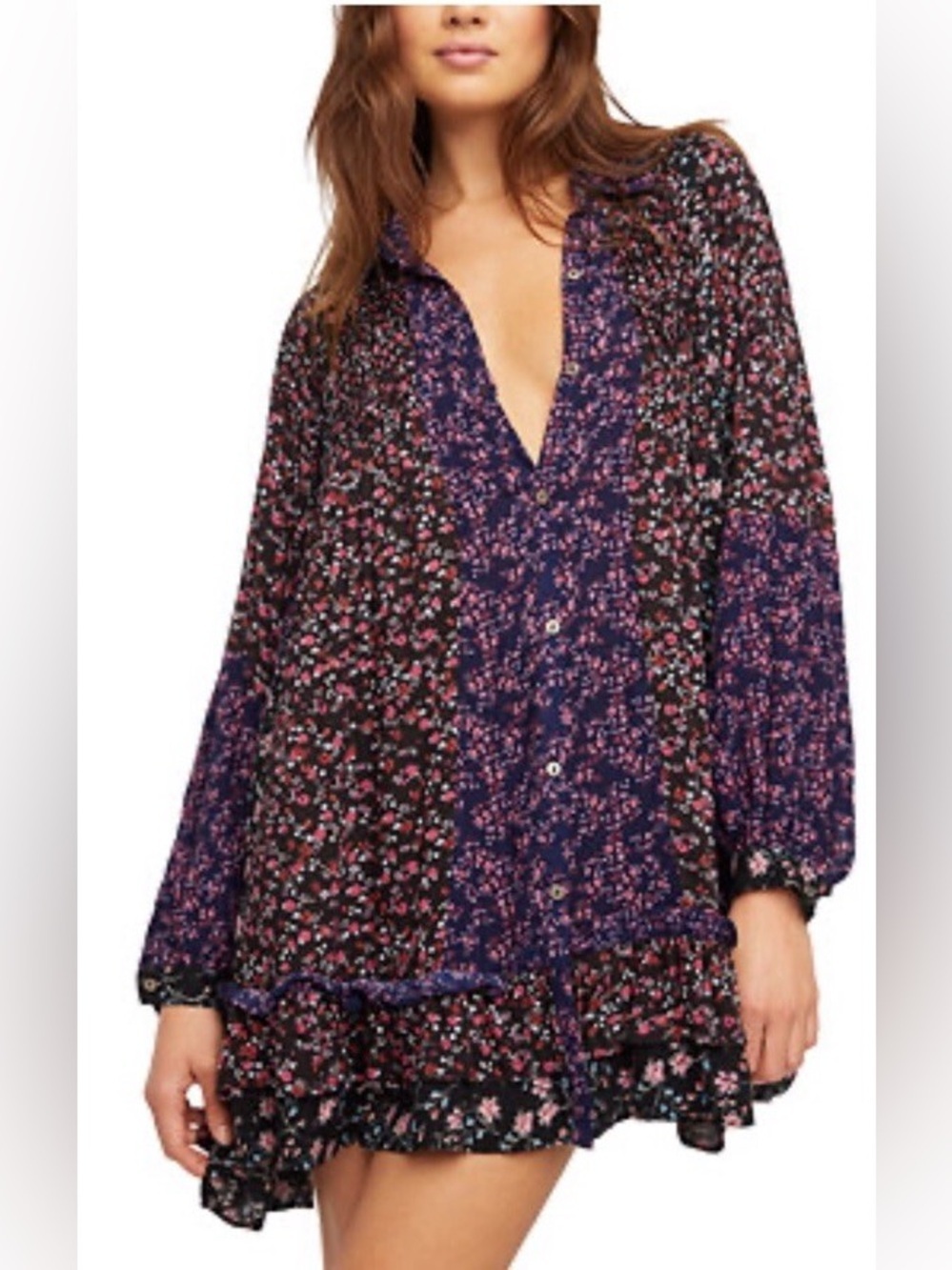 Free People Lost in You Tunic | Black & Purple Ditzy Floral Long Sleeve Mini